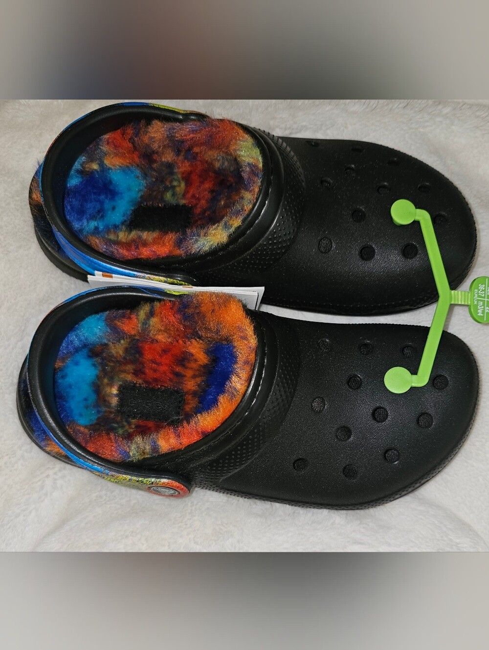 Crocs Shoes Brand New, Comfortable Black Slip-Ons with Multicolor Fuzzy Lining